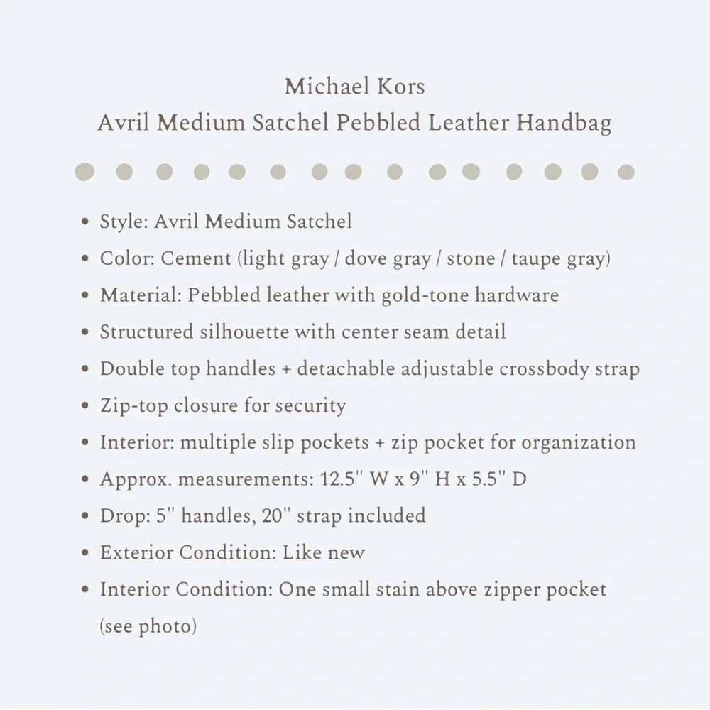 Michael Kors Avril Medium Satchel Cement Grey Pebbled Leather Handbag - Picture 10 of 10